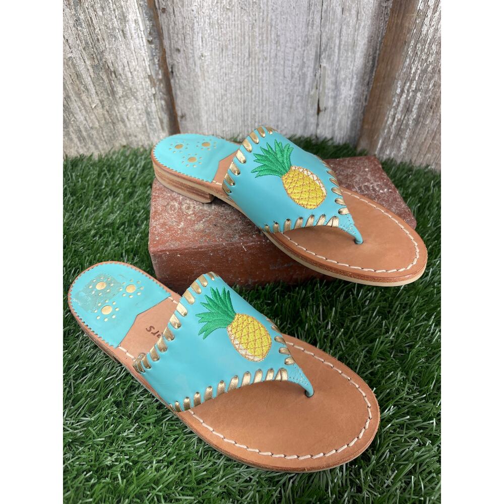 Jack Rogers Pineapple Teal Gold Thong Sandal Made Dominican Republic Women's 5.5 - Picture 3 of 9
